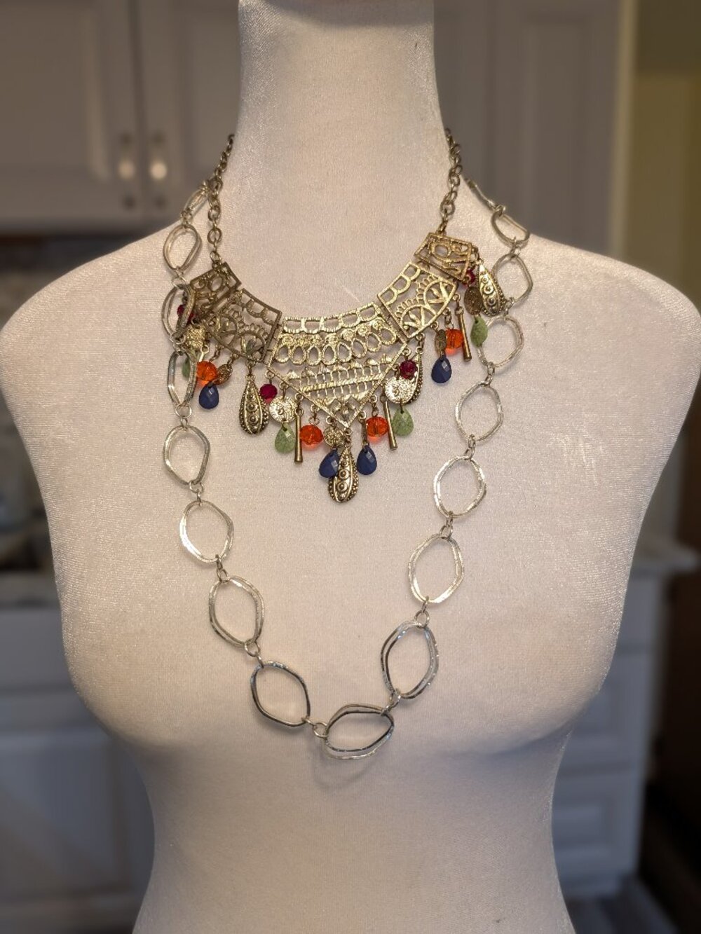 Necklaces (2) Fashion Jewelry, Bib-Style with stones, Silver-Tone Links